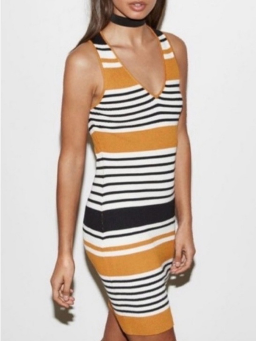 Kendall & Kylie Mustard Black White Striped Ribbed Midi Dress